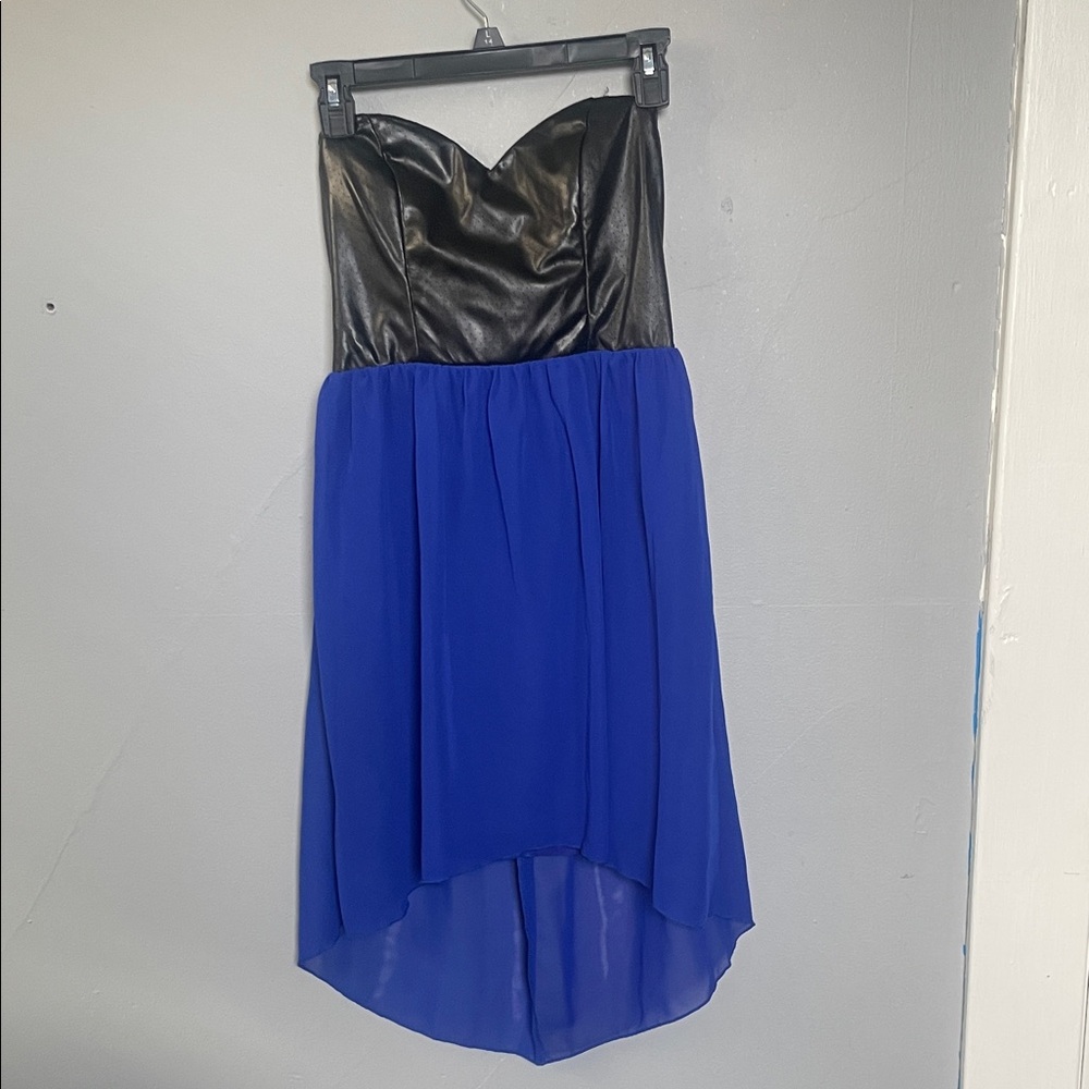 City triangles junior 7 faux leather bodice high low skirt strapless dress Y2K